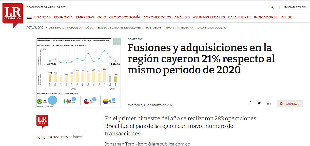 Fusiones y adquisiciones en la regin cayeron 21% respecto al mismo periodo de 2020